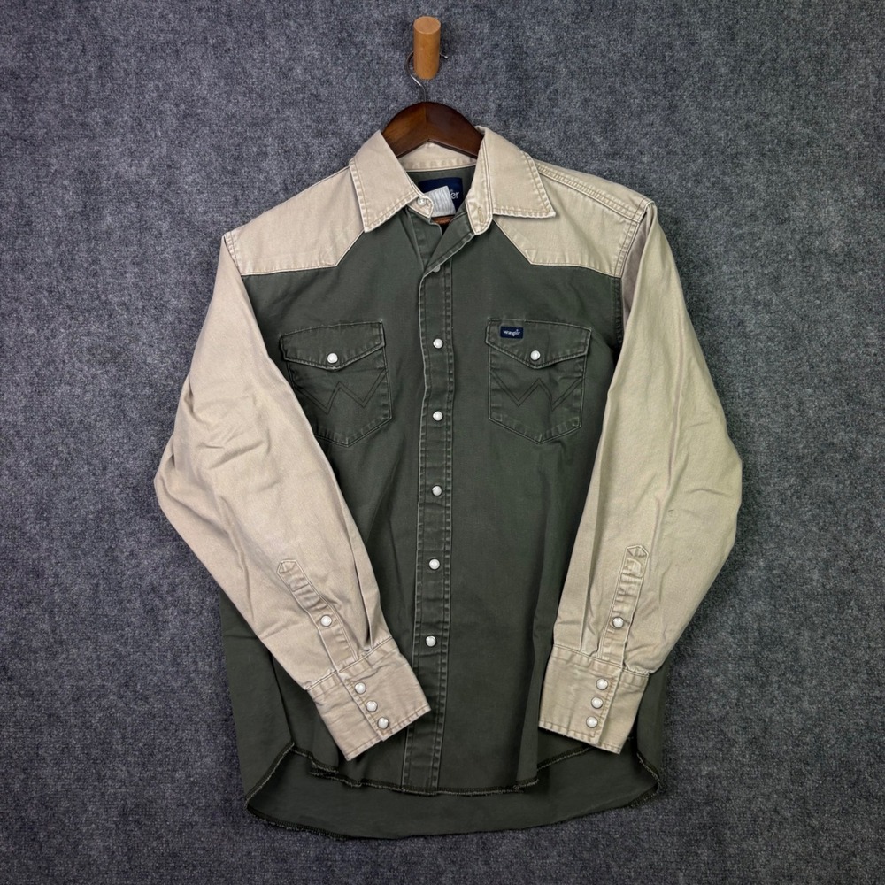 Wrangler Western Shirt Mens XL Green Tan Colorblock Pearl Snap Long Sleeve